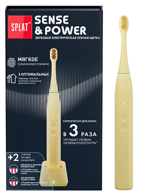 Сплат (Splat) sense&power зубная щетка электрическая звуковая с силиконовым покрытием сменными насадками зарядной станцией модель S88, бежевая