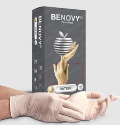 Купить перчатки benovy смотровые латексные нестерильные неопудрен размер l 50 пар в Кстово