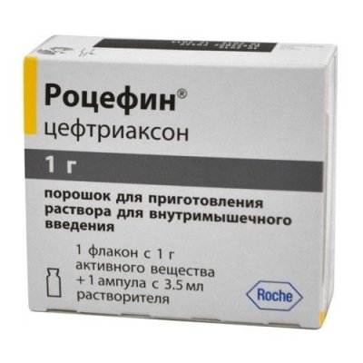 Купить роцефин, порошок для приготовления раствора для в/мышечного введения 1г, флакон+растворитель (лидокаин 3,5мл) в Кстово