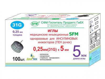 Купить иглы sfm для инсулиновых инжекторов (пен ручек) 31g (0,25мм х 5мм), 100 шт в Кстово