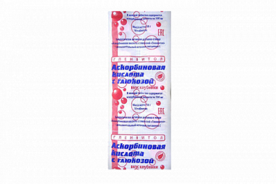 Купить аскорбиновая кислота с глюкозой гленвитол таблетки со вкусом клубники 1г, 10 шт (стрип) бад в Кстово