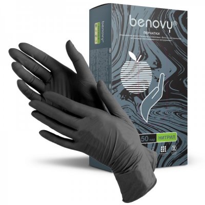 Купить перчатки benovy смотровые нитриловые нестерильные неопудрен текстурир с однократной хлорацией размер s 50 пар, черные в Кстово