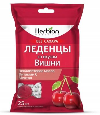 Купить herbion (хербион) с эвкалиптовым маслом, витамином с и ментолом со вкусом вишни без сахара, леденцы массой 2,5г 25 шт бад в Кстово