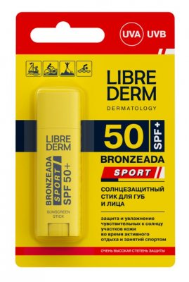 Купить librederm bronzeada sport (либридерм) стик солнцезащитный для губ и лица spf 50+, 4,8г в Кстово