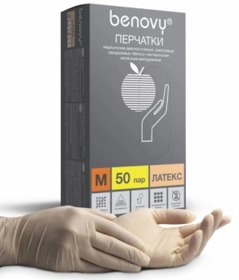 Купить перчатки benovy смотровые латексные нестерильные неопудрен размер m 50 пар в Кстово