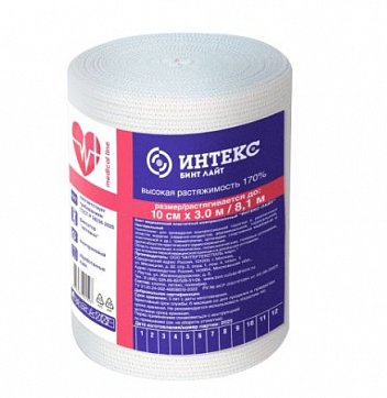 Бинт медицинский эластичный компрессионный интекс-лайт высокой растяжимости 10смх3м с фиксаторами