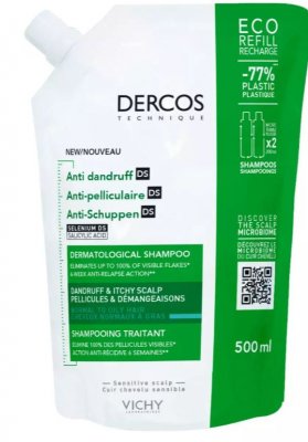 Купить vichy dercos (виши) шампунь-уход против перхоти для нормальных и жирных волос, сменный блок 500мл в Кстово
