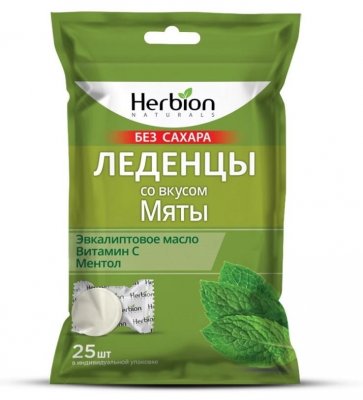 Купить herbion (хербион) с эвкалиптовым маслом, витамином с и ментолом со вкусом мяты без сахара, леденцы массой 2,5г 25 шт бад в Кстово