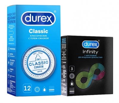 Купить durex (дюрекс) набор: презервативы classic, 12шт + infinity гладкие с анестетиком (вариант 2), 3шт в Кстово