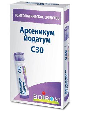 Арсеникум йодатум С30, гомеопатический монокомпонентный препарат минерально-химического происхождения, гранулы гомеопатические 4 гр