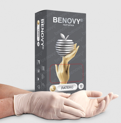 Купить перчатки benovy латексные нестерильные неопудренные текстурир на пальцах хлорированные размер l 50 пар в Кстово